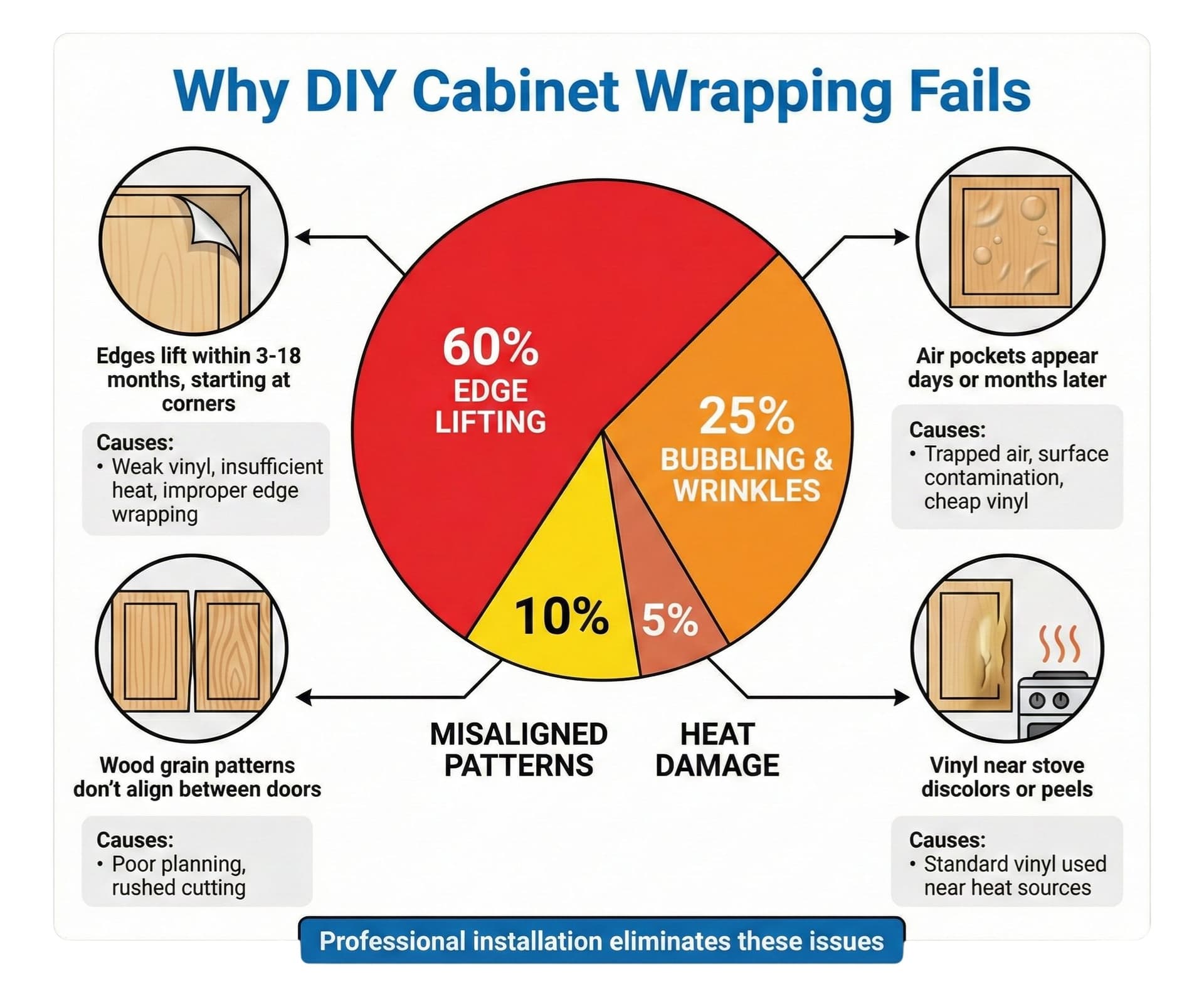 Common DIY cabinet wrapping failures including edge lifting and bubbling
