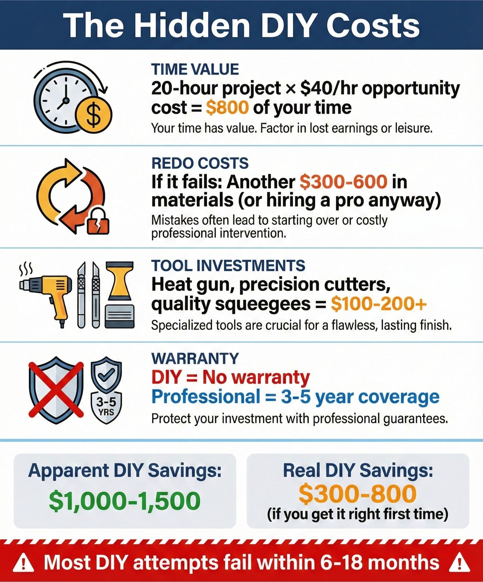 Hidden costs of DIY cabinet wrapping including time materials and warranty