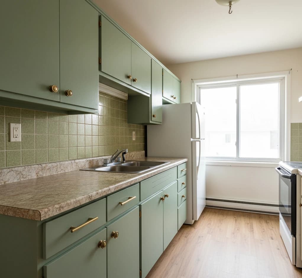 After: Sage Green Matte wrapped cabinets in Mount Pleasant