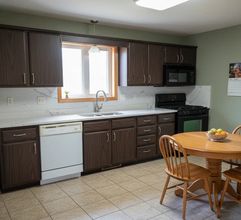 After: Espresso Wood Grain wrapped cabinets in Springdale