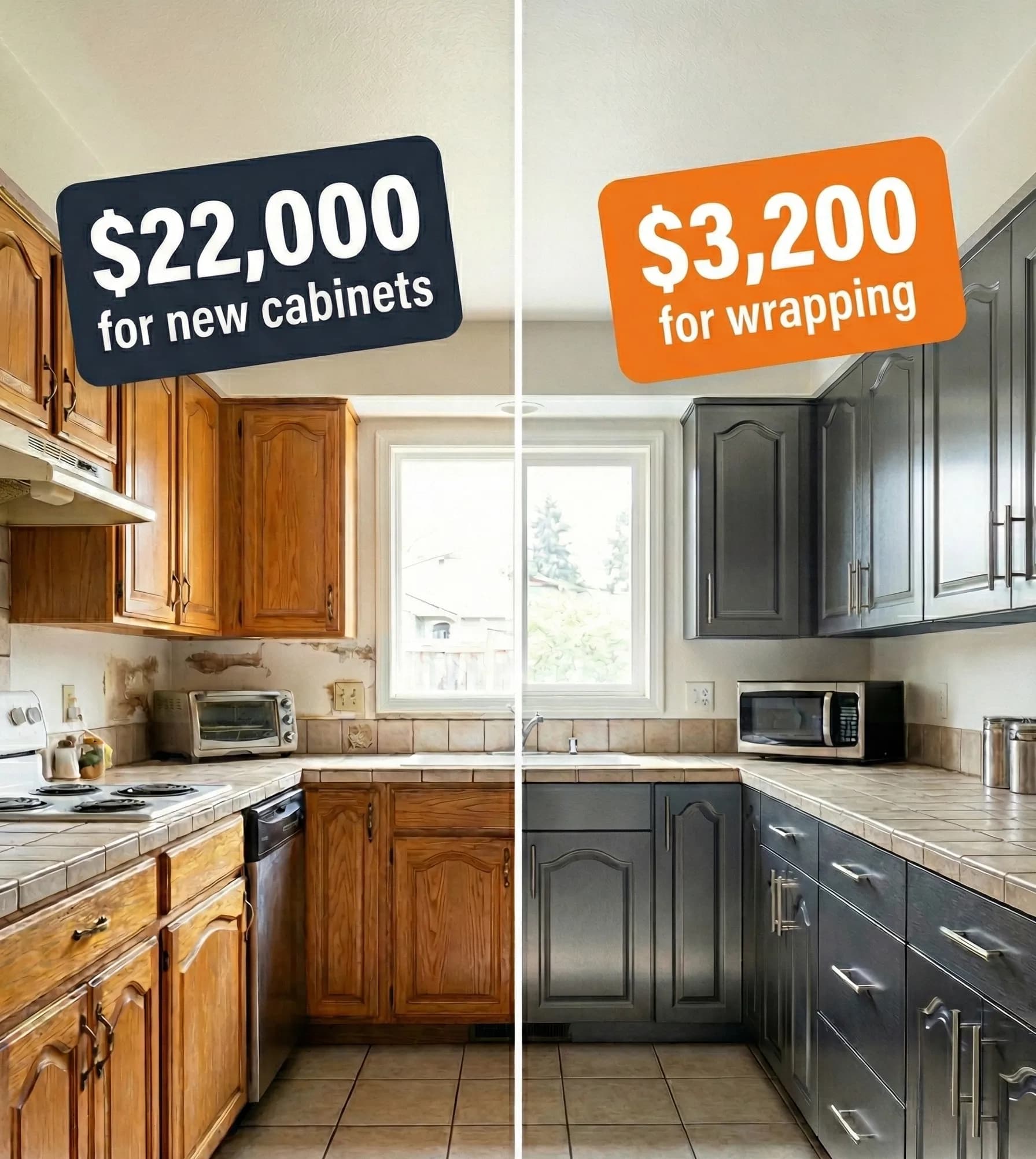 Before and after kitchen cabinet transformation - $22,000 for new cabinets vs $3,200 for vinyl wrapping