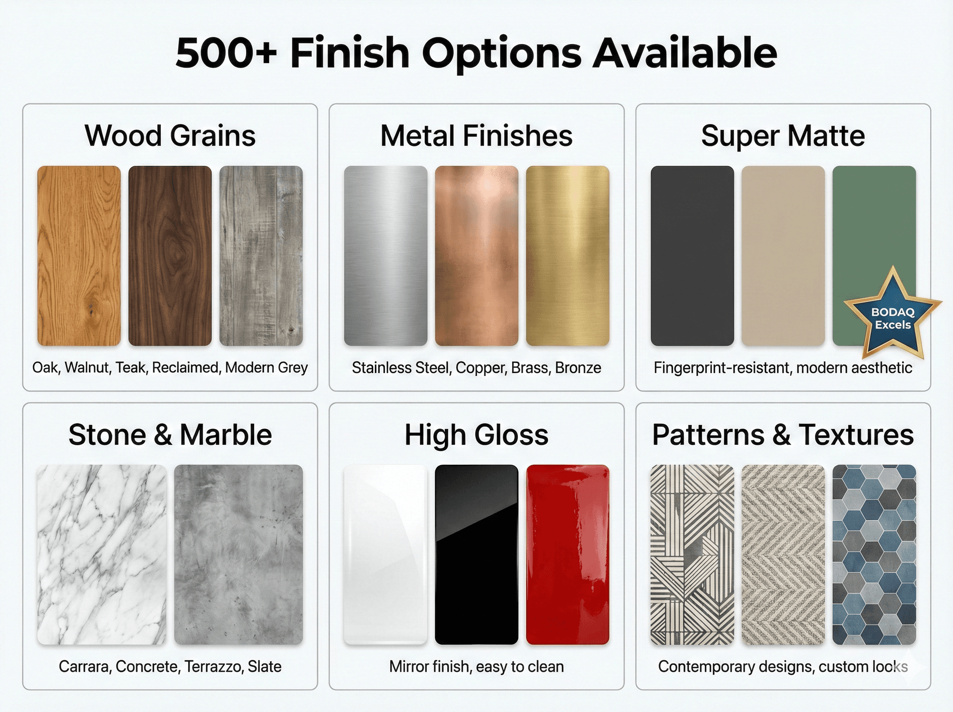 Vinyl wrap finish options including wood metal matte and stone patterns
