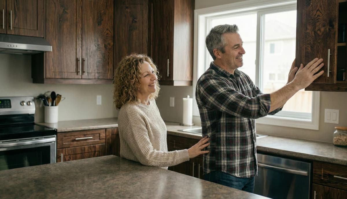 Toronto homeowners reviewing their kitchen cabinet wrapping investment