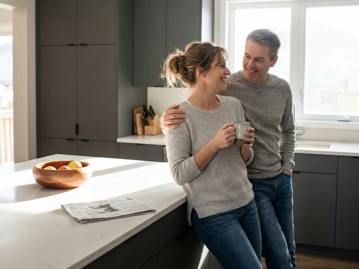 Happy Toronto couple enjoying their newly vinyl wrapped kitchen cabinets