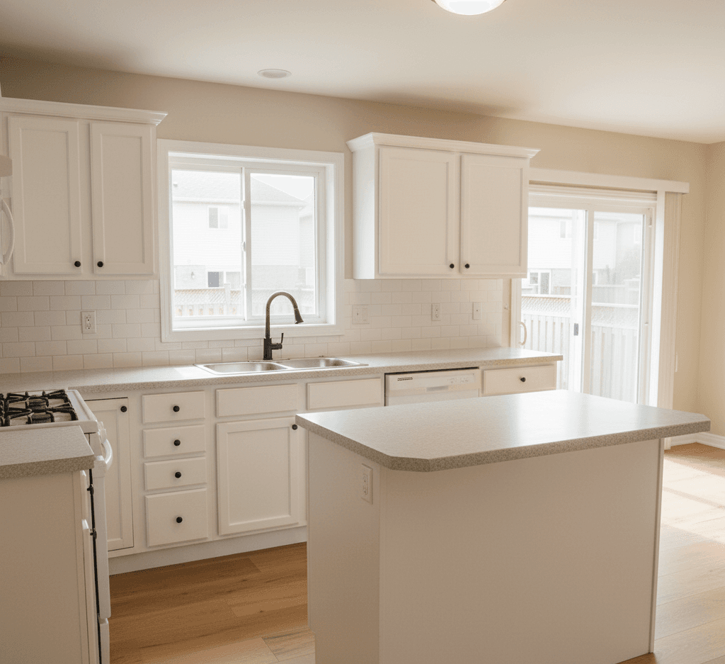 After: Modern White wrapped cabinets in Heart Lake
