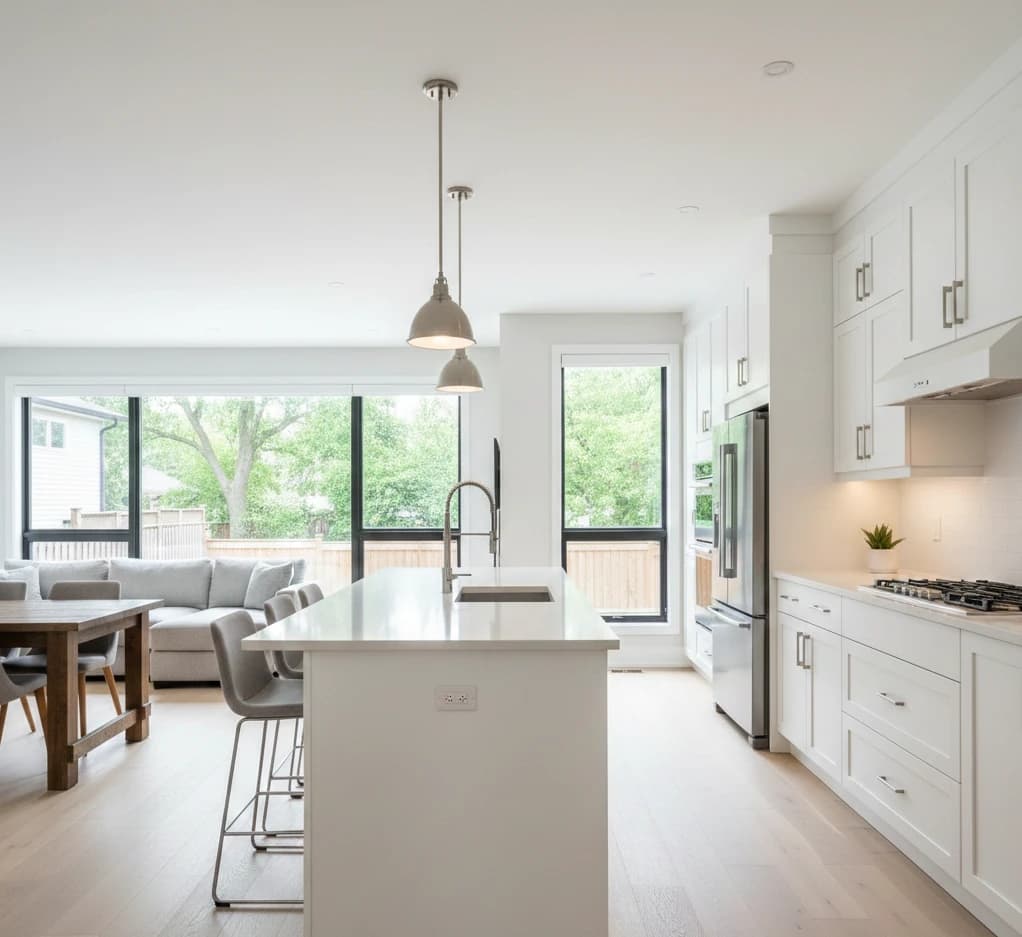 Modern kitchen with white vinyl-wrapped cabinets in Mississauga home