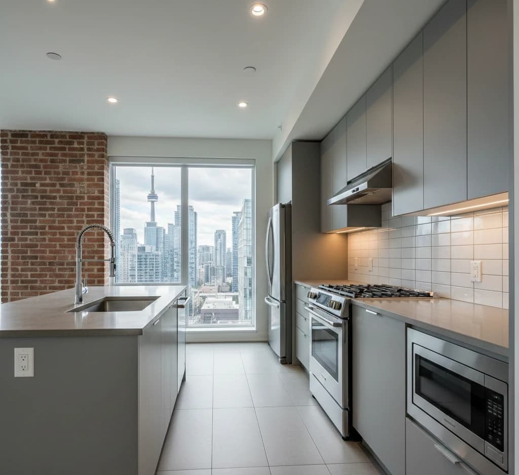 Contemporary kitchen with matte gray vinyl-wrapped cabinets in Toronto condo