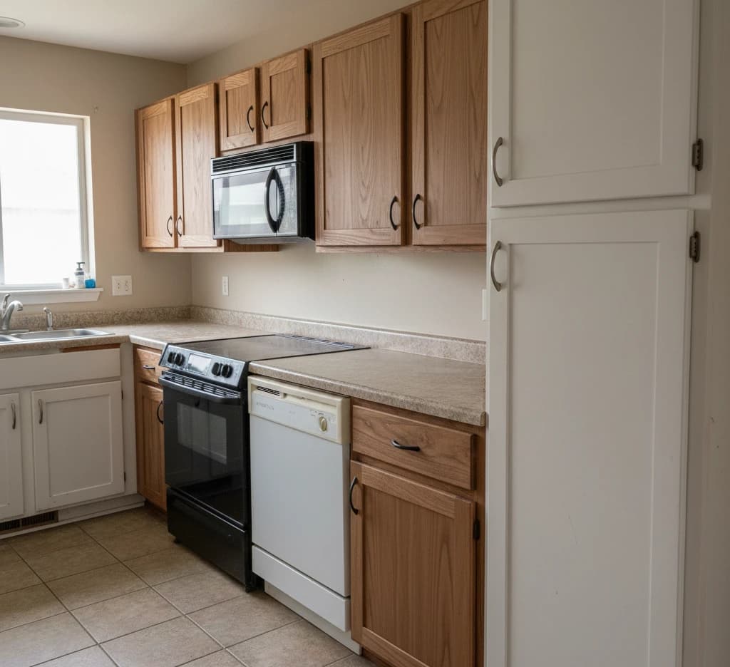 After: Walnut Wood Grain wrapped cabinets in Meadowvale