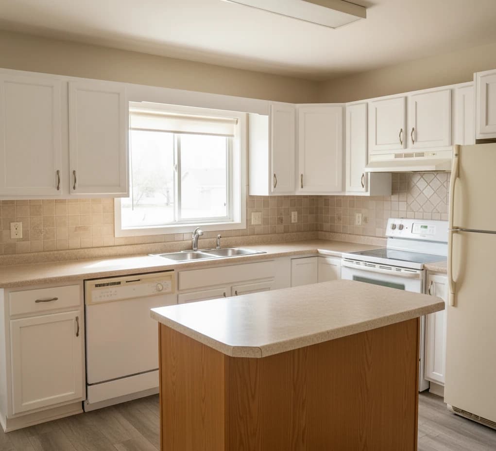 After: Matte White wrapped cabinets in Port Credit