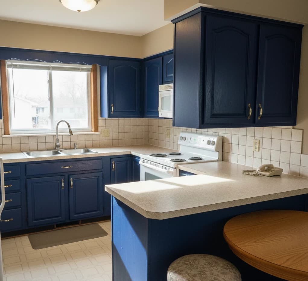 After: Navy Blue Matte wrapped cabinets in Scarborough